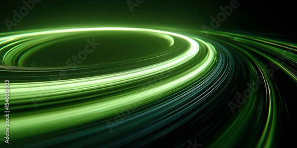 Fototapeta Futuristic abstract image with glowing green circular trails forming a vortex or tunnel against a dark background, symbolizing energy and high-speed motion