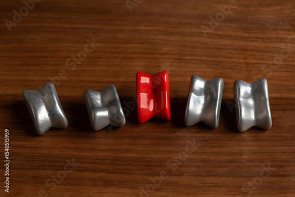 Obraz Vintage metal knucklebones game on a wooden table.