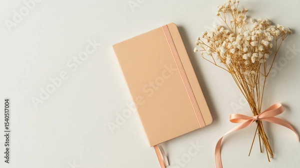 Obraz Minimalist flat lay of a cream Moleskine notebook with peach elastic band and dried baby's breath bouquet on white background

