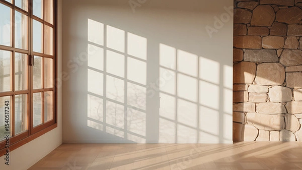 Obraz Minimalist interior photograph with natural light casting geometric window shadows on white wall beside rustic stone and wooden parquet floor


