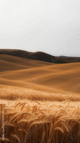 Obraz A minimalist landscape of rolling golden wheat fields with layered hills and soft gray sky

