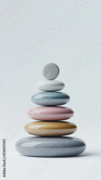 Obraz Minimalist top view photograph of balanced stone stack in gradient tones on white background with soft shadows and zen aesthetic


