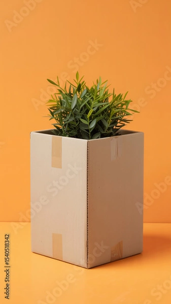 Obraz Minimalist product photography of a small green potted plant in a beige cardboard box against a solid orange background

