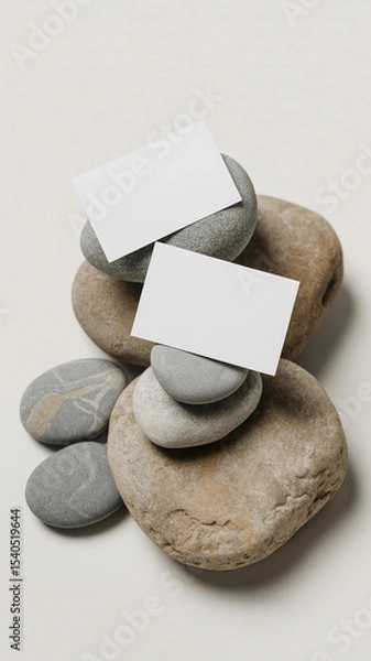Obraz Minimalist flat lay of white business cards balanced on stacked gray river stones with clean white background

