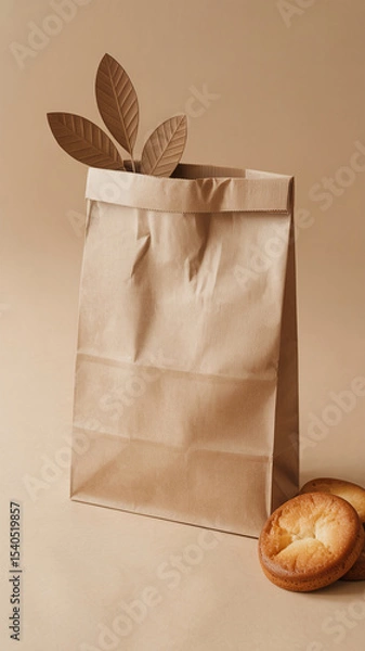 Obraz Minimalist composition of a plain brown paper bag with decorative paper leaves and baked goods on warm beige background

