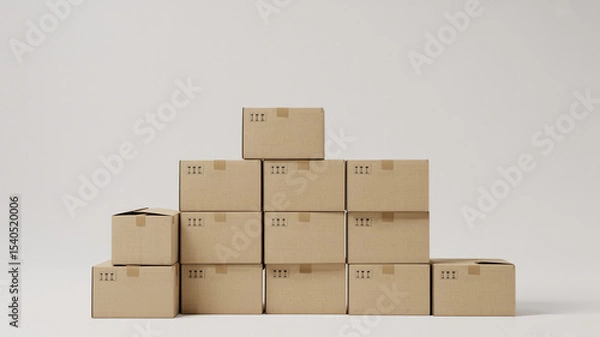 Obraz Stack of plain brown cardboard boxes arranged in pyramid formation on white background

