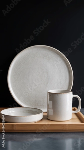 Obraz Minimalist product photo of white ceramic dinnerware set with matte finish on light wooden tray against black background

