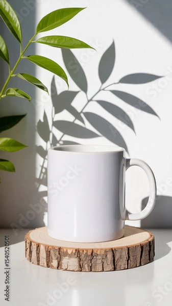 Obraz Minimalist product photo of white ceramic mug on wood log slice with dramatic leaf shadows on white background

