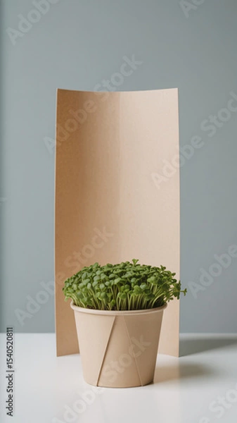 Obraz Minimalist product photo of geometric beige paper pot with green microgreens and sleeve on gray background

