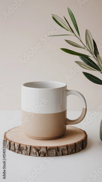 Obraz Minimalist product photography of two-toned ceramic mug on natural wood slice coaster with olive branch and soft lighting

