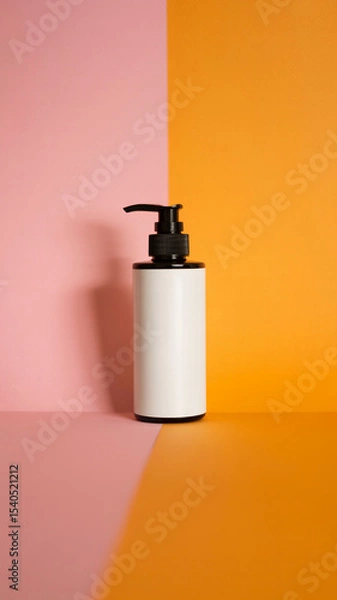 Obraz Minimalist white skincare bottle with black pump on split pink and orange background in soft studio lighting


