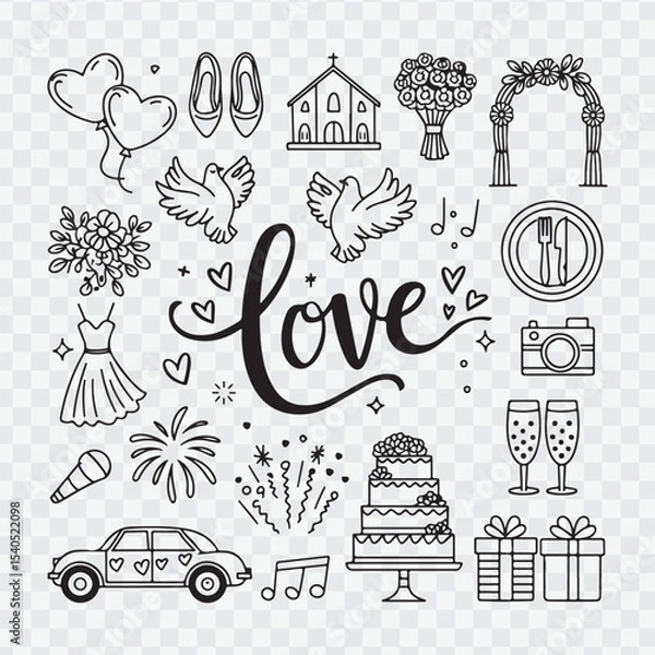 Fototapeta Hand Drawn Marriage Icons Set. Wedding elements collection. Wedding, bride, love, celebration. Timeline menu on wedding theme. Vector wedding illustrations