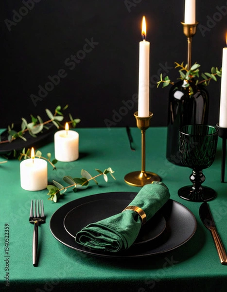Fototapeta A luxury restaurant table setting with green linens