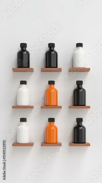 Obraz Minimalist product photography of nine glass bottles in black, white, and orange arranged in a 3x3 grid on wooden shelves with white background

