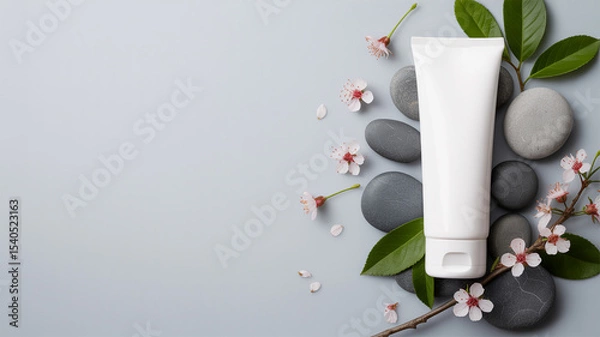 Obraz Minimalist product photography of a white skincare tube with gray stones and pink cherry blossoms on a light gray background

