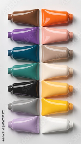 Obraz Twelve cosmetic tubes arranged diagonally in two columns on white background in a clean professional layout

