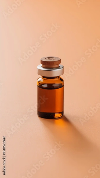Obraz Minimalist product photography of an amber glass vial with wooden cap and dark liquid against a peach background

