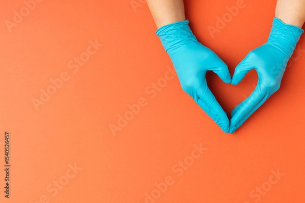 Fototapeta Healthcare theme with gloved hands shaped as a heart showing support, safety, and love.