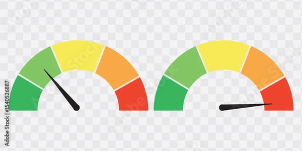 Fototapeta Risk meter from low to high level. isolated on white and black background. vector illustration. 
  Scale meter with low, high and medium bar. Level risk graph or control quality. eps10