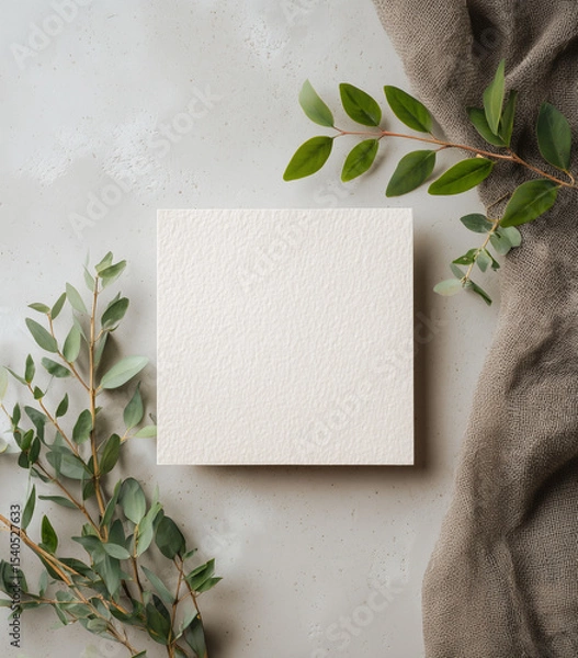 Fototapeta  white card mockup with blank space for text, flat lay, soft gray background, with some green leaves and cloth in the background, minimalist style