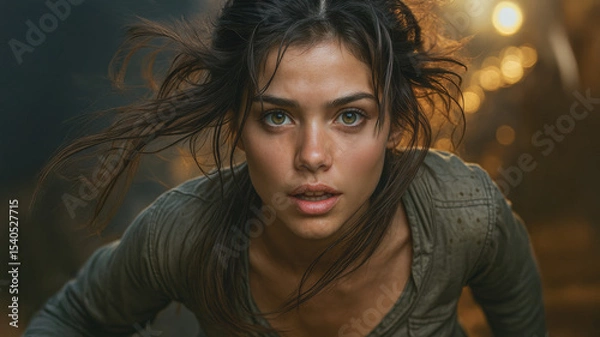 Obraz A close-up portrait captures a young woman with windblown hair, her intense green eyes meeting the viewer's gaze. A frightened woman running from unseen danger.
