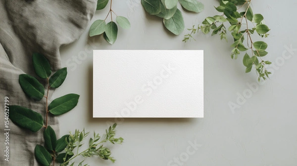 Fototapeta  white card mockup with blank space for text, flat lay, soft gray background, with some green leaves and cloth in the background, minimalist style