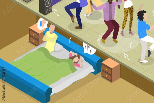 Obraz 3D Isometric Flat Vector Illustration of Annoyed People Cannot Sleep, Loud Neighbors