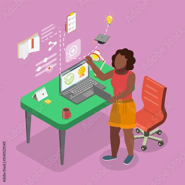 Obraz 3D Isometric Flat Vector Illustration of Online Courses Application, Student Engaging In E-Learning With Tablet, Interacting With Virtual User Interface