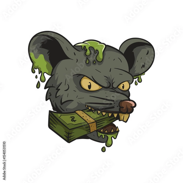 Fototapeta vector illustration of rat head biting money, corruption and isolated on white background