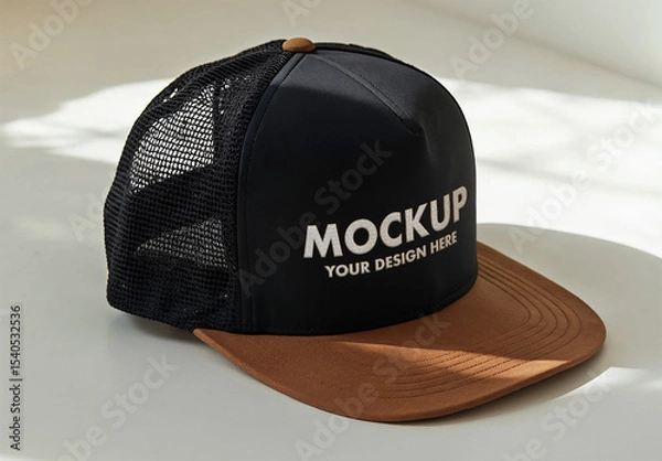 Obraz Trucker cap mockup with Embroidered Text Effect on Sunlit Surface