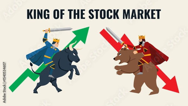Fototapeta abstract background of flat vector king of the stock market with weapon sword stock market arrow red and green with bull and bear character