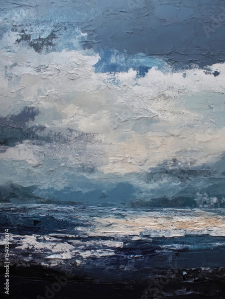 Fototapeta Abstract dark blue textured seascape painting, neutral tones, textured canvas. Oil painting with palette knife strokes
