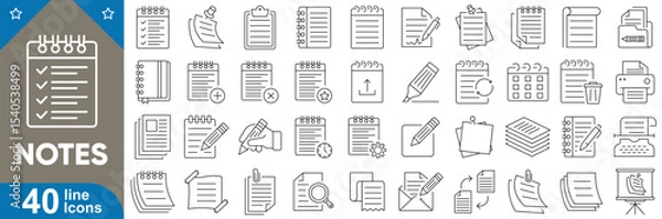 Fototapeta Notes icons set. Collection of 40 minimal line icons including notepad, document, checklist, sticky note, book, folder, paperclip, search and more. Editable stroke vector illustration