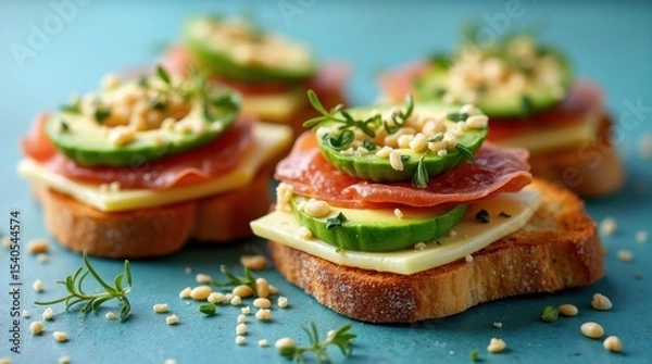 Obraz Mediterranean snacks with avocado, jamon, cheese on toasted bread, blue background, styled for food photography and menu.