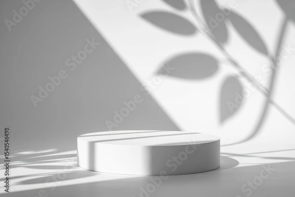 Fototapeta a white podium on a white background for product demonstrations and leaf shadows