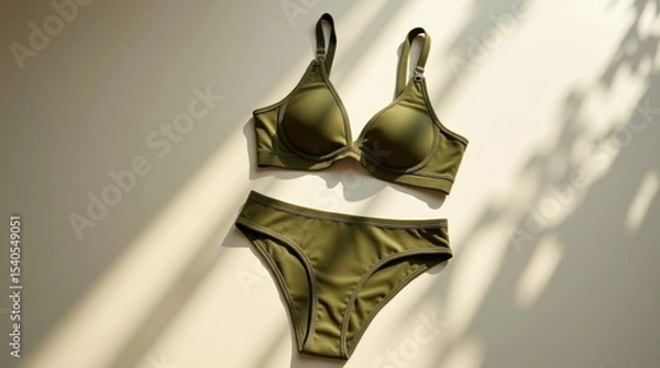 Obraz Olive green bra and underwear set on neutral surface, natural sunlight and soft shadows, minimalist, modern, stylish display.