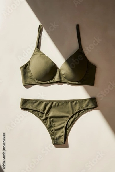 Obraz Olive green bra and underwear set on neutral surface, natural sunlight and soft shadows, minimalist, modern, stylish display.