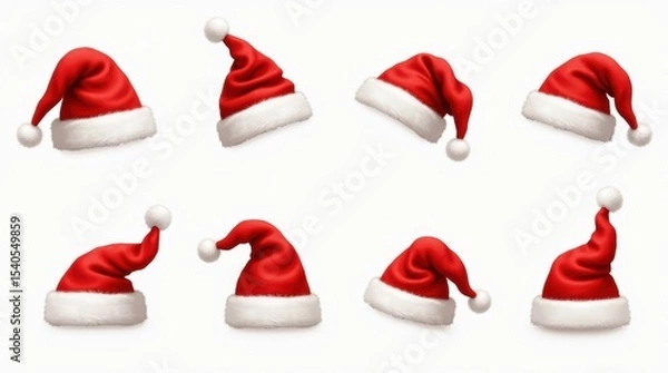 Obraz Classic red Santa hats with white fur trim and pom-poms, realistic vector style, isolated on transparent background.