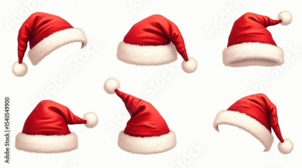 Obraz Classic red Santa hats with white fur trim and pom-poms, realistic vector style, isolated on transparent background.