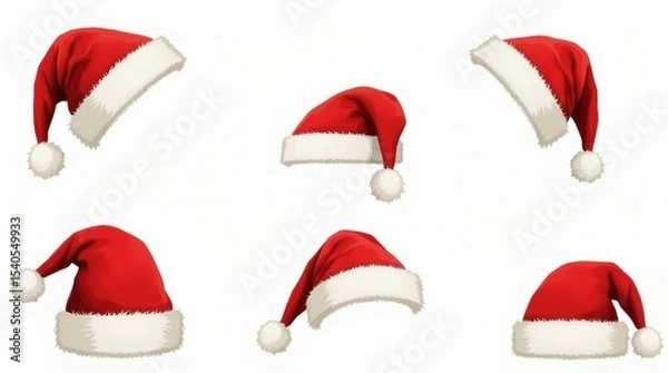 Obraz Classic red Santa hats with white fur trim and pom-poms, realistic vector style, isolated on transparent background.