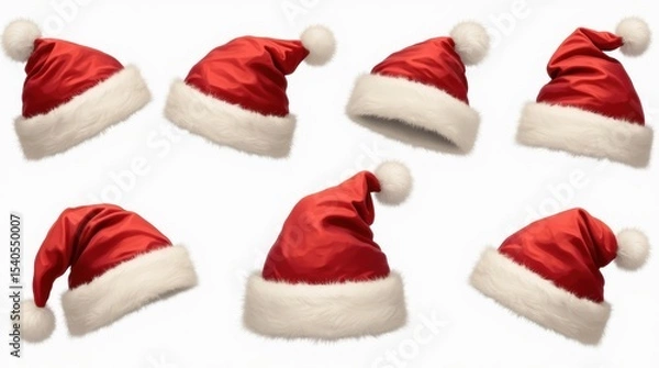 Obraz Classic red Santa hats with white fur trim and pom-poms, realistic vector style, isolated on transparent background.