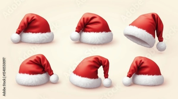 Obraz Classic red Santa hats with white fur trim and pom-poms, realistic vector style, isolated on transparent background.