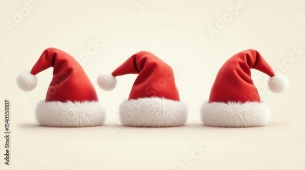 Obraz Classic red Santa hats with white fur trim and pom-poms, realistic vector style, isolated on transparent background.
