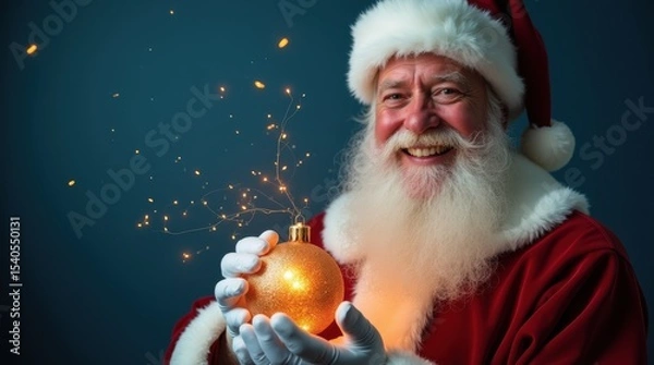 Obraz Santa Claus smiling, holding shining Christmas ball, magical blue background, space for holiday greeting or message.