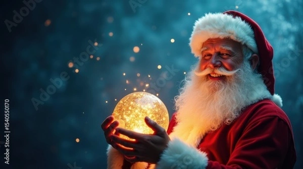 Obraz Santa Claus smiling, holding shining Christmas ball, magical blue background, space for holiday greeting or message.