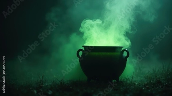 Obraz Sinister cauldron with steaming green glowing potion, isolated on misty dark background, Halloween witchcraft mystery.