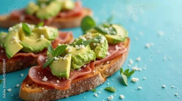 Obraz Tapas with avocado, jamon, cheese on crispy toast, bright blue background, ideal for Mediterranean menu or ads.