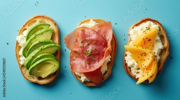 Obraz Tapas with avocado, jamon, cheese on crispy toast, bright blue background, ideal for Mediterranean menu or ads.