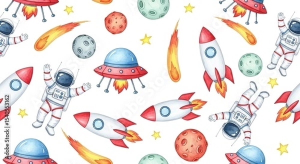 Fototapeta Space watercolor pattern: Astronauts, rockets, UFOs