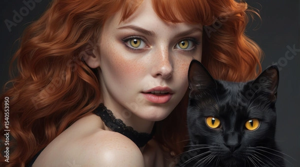 Obraz red-haired woman with black cat and golden eyes